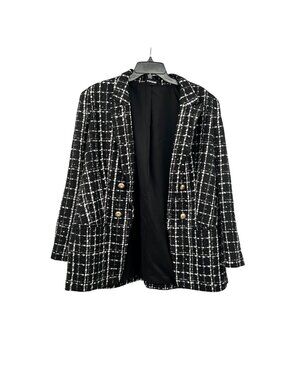 Express Womens Plaid Tweed Blazer Open Front Black/White Shimmer Size XL